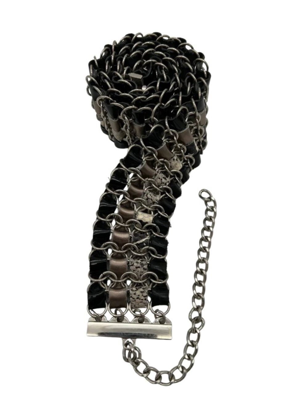 Boho Multi-Strand Chain+Genuine Leather Wide Belt Silver/Black/Snake - Size M/L